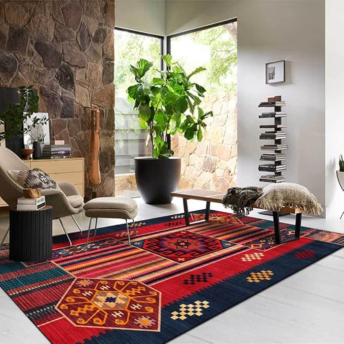 Vintage Boho Area Rugs Multicolor Ethnic Style Geometric Splicing Carpets Bedroom Living Room Kitchen Floor Mats Indoor Outdoor Non-Shedding Runner Rug Home Décor Carpet 2' X 5.2'