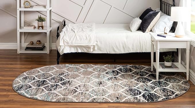 Rugs.com Lattice Frieze Collection Rug – 6' x 9' Oval Blue Multi Medium Rug Perfect for Living Rooms, Large Dining Rooms, Open Floorplans