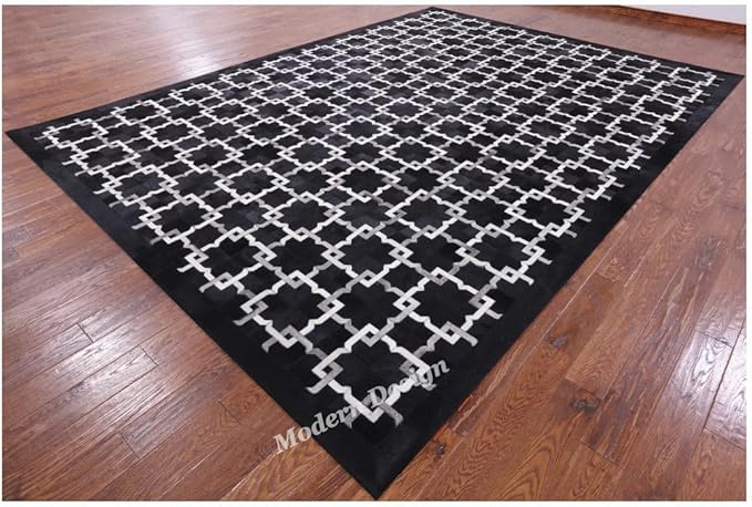 Modern Design Premium Cowhide Leather Carpet with Chevron Pattern, Area Rug (Black/Grey/White, 9x15)