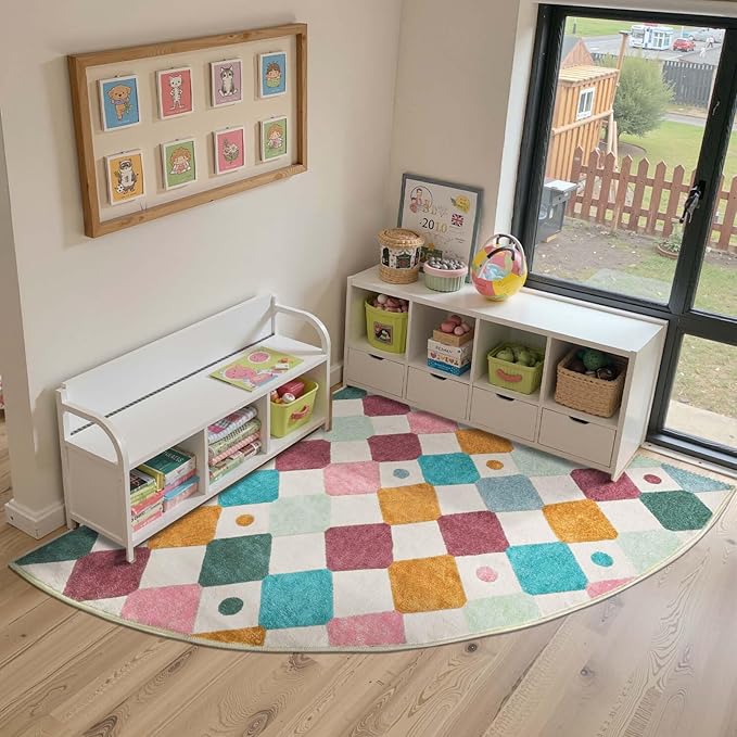 jinchan Macy Kids Rug for Nursery 6ft Radius Corner Washable Area Rug Modern Colorful Quarter Circle Rug Soft Non-Slip Carpet for Bedroom Playroom Daycare Reading Nook Classroom Confetti on Cream
