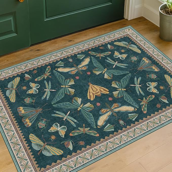 Emerald Green Entry Rugs for Inside House - 2x4 Kitchen Rugs Non Slip for Bathroom, Powder Room, Vintage Unique Colorful Décor, Washable Stain & Fade Resistant
