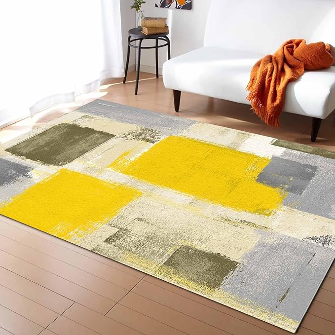 Yellow Rectangular Area Rugs for Living Room Bedroom 3 x 5 ft Abstract Paint Texture Modern Art Non-Shedding Soft Low Pile Rug Non Slip Washable Rug for Nursery Entryway Playroom
