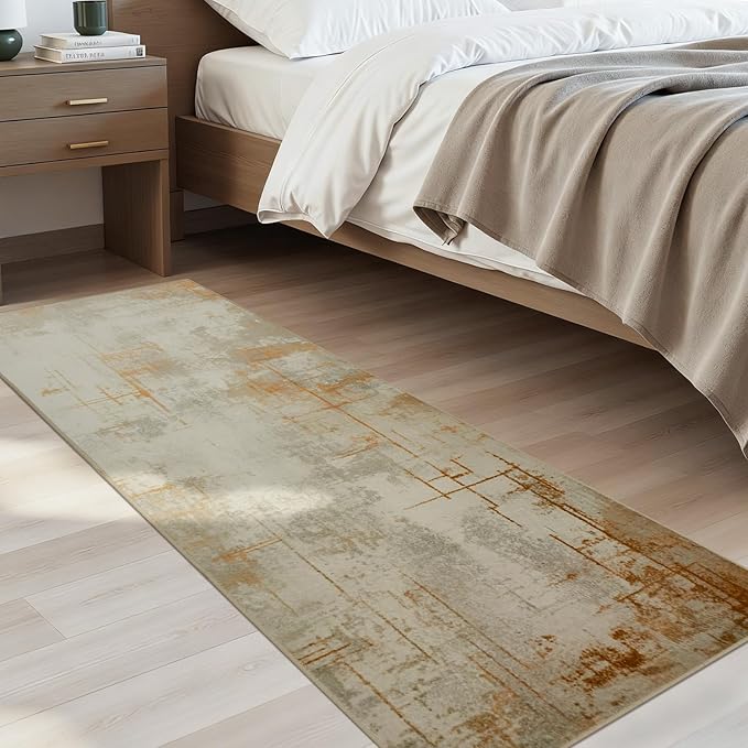 Joydeco 2x6 Runner Rug for Hallway, Modern Abstract Non-Slip Soft Washable Rugs, Low Pile Carpet for Entryway, Kitchen, Bedroom, Laundry, Light Brown & White & Beige