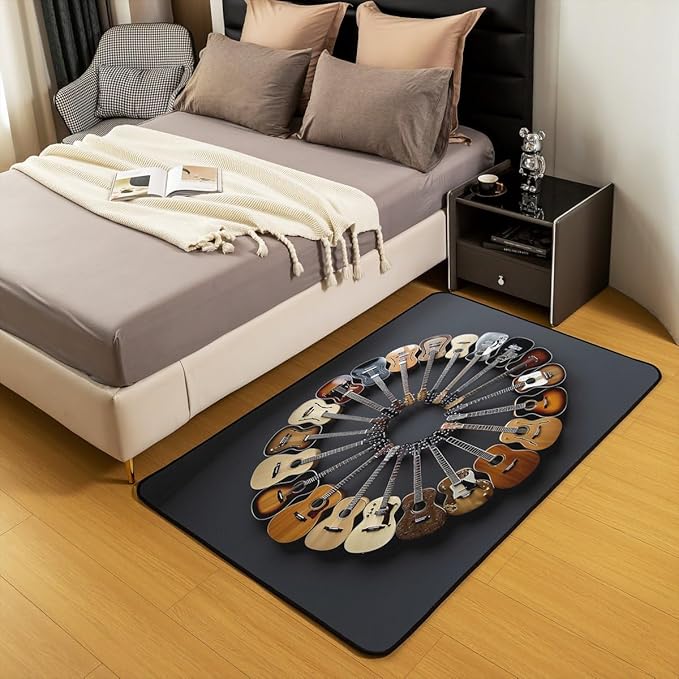 Round Guitar Large Area Rug 5x7 Musical Instruments Living Room Rug | Music Notes Modern Rock Rugs for Bedroom, Grunge Hip Hop Carpet Indoor Floor Mat