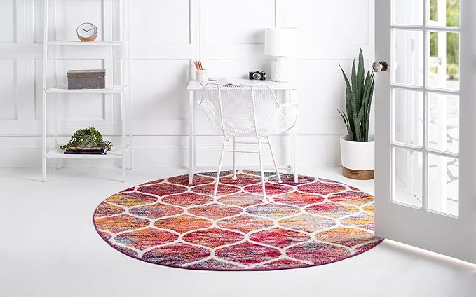 Rugs.com Lattice Frieze Collection Rug – 7' Round Multi Medium Rug Perfect for Kitchens, Dining Rooms