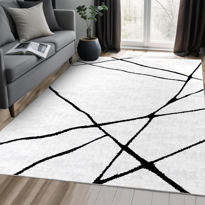 YIHOUSE Modern Washable Area Rug for Living Room Bedroom - Large Abstract Black and White Rug Non-Slip Ultra-Thin Home Decor,Geometric 6x9ft