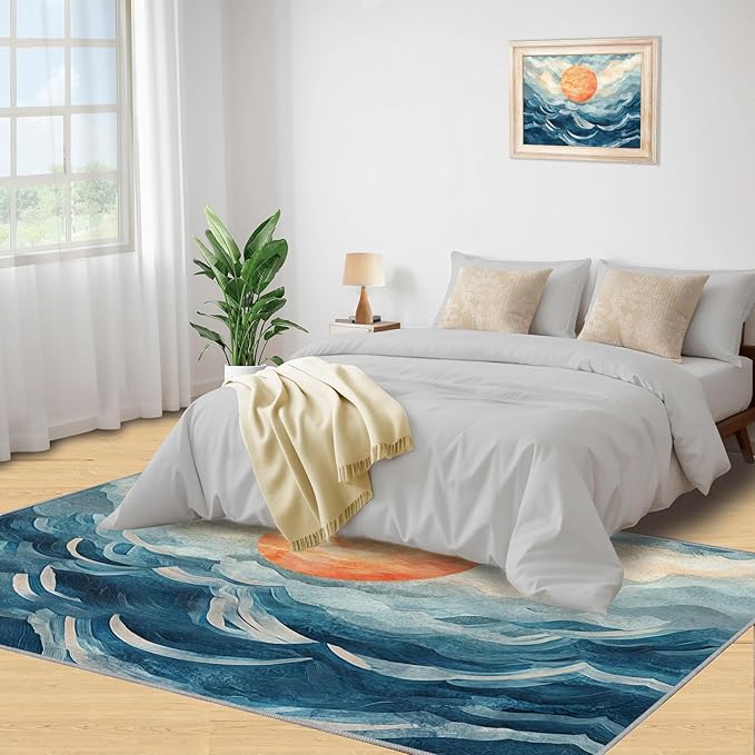 Boho Sun Area Rugs 5x6ft, Mosaic Sunburst Rugs for Kids Bedroom, Abstraction Deco Office Rug Low Pile are Not Stumbling Foot for Living Room End Table Nursery