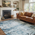 Area Rug 5x7 Washable Rug Blue for Living Room, Dining Room, Bedroom, Large Carpets, Non Slip & Non-Shedding Low Pile Vintage Print Rug for Home Office Decor
