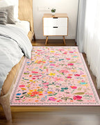 Boho Washable Area Rug 4x6 – Floral Low Pile Non-Slip Carpet for Living Room, Bedroom, Office, Playroom, Entryway, Kitchen, Dining Room (Pink)