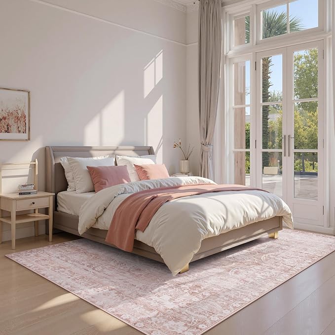 Lahome Pink Rug 6x9 Area Rugs - Soft Washable Rugs For Bedroom Aesthetic-Rugs For Living Room Non Slip Ultra Thin,Boho Girls Playroom Rug Farmhouse Stain Resistant Carpet For Office Room (Pink, 6'X9')
