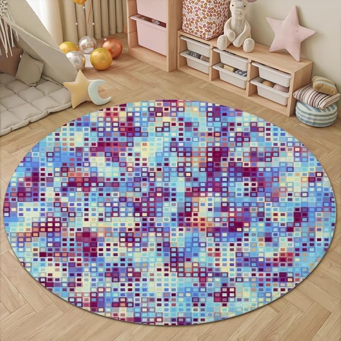 Abstract Pixel Geometry Round Rug Ombre Blue Purple Living Room Circle Area Rugs 4ft Washable Soft Non Slip Low Pile Indoor Floor Carpet for Bedroom Office Kitchen Coffee Table