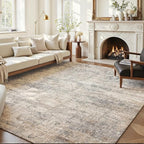 Area Rug 9x12 Washable Rug Grey and Beige for Living Room, Dining Room, Bedroom, Large Carpets, Non Slip & Non-Shedding Low Pile Vintage Print Rug for Home Office Decor