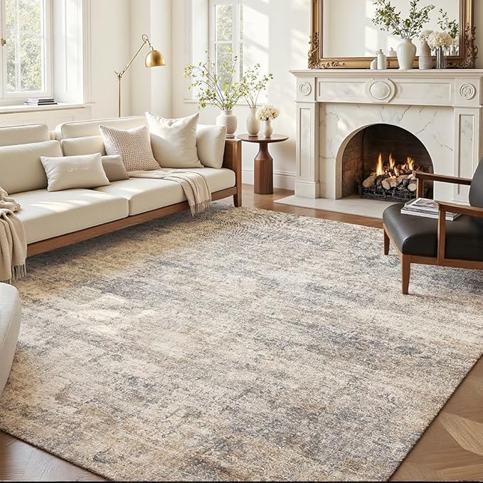 Area Rug 9x12 Washable Rug Grey and Beige for Living Room, Dining Room, Bedroom, Large Carpets, Non Slip & Non-Shedding Low Pile Vintage Print Rug for Home Office Decor