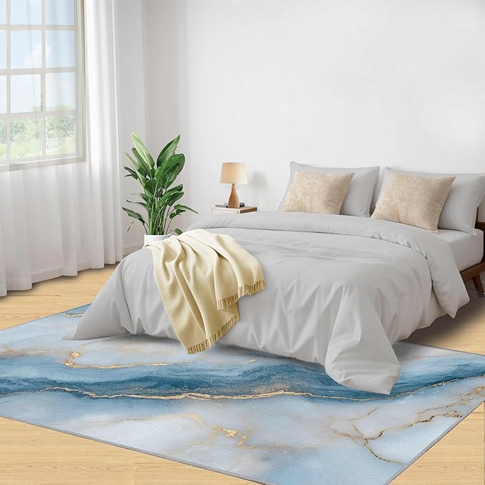 6x9 Abstract Marble Living Room Rug - Blue-White-Marble Bedroom Carpet, Luxury Stone Pattern Classroom Rug for Carpet Boy Bedroom Office Nursery Hardwood Home Decor