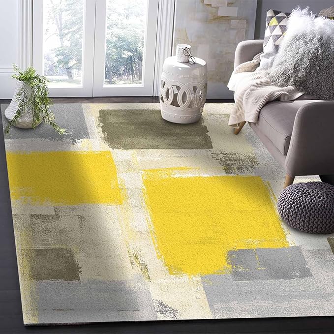 Yellow Rectangular Area Rugs for Living Room Bedroom 4 x 6 ft Abstract Paint Texture Modern Art Non-Shedding Soft Low Pile Rug Non Slip Washable Rug for Nursery Entryway Playroom