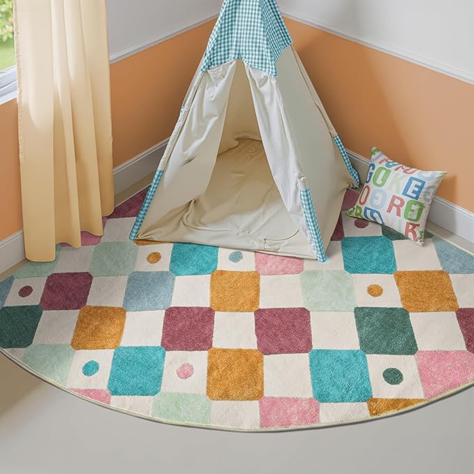 jinchan Macy Kids Rug for Nursery 5ft Radius Corner Washable Area Rug Modern Colorful Quarter Circle Rug Soft Non-Slip Carpet for Bedroom Playroom Daycare Reading Nook Classroom Confetti on Cream