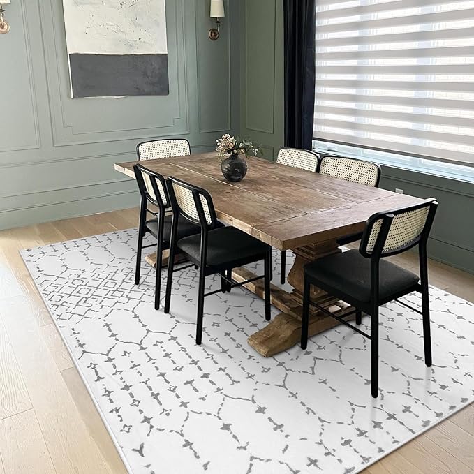 Lahome Moroccan Living Room Area Rug - Washable Rugs 5x7 Non-Slip Soft Throw Rugs for Bedroom White Lightweight Large Rug, Modern Geometric Print Low-Pile Capet for Classroom Office Dining Room(White)