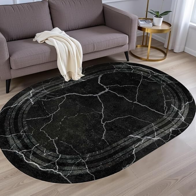 Black Grey Striped Texture Bordered Rugs 10x12 Modern Minimalist Indoor Large Area Rug for Living Room Bedroom Dining Room Soft Faux Wool Non Slip Floor Mats Entrance Bathroom Home Office Oval Carpet