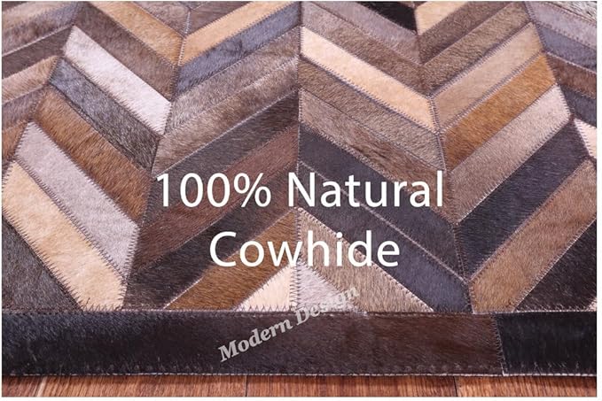 Modern Design Premium Cowhide Leather Carpet with Chevron Pattern, Area Rug (Natural Multi Brown, 5x8)