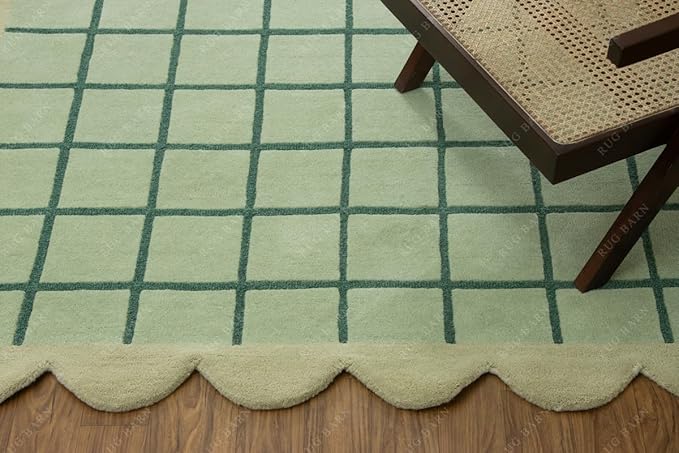 Mint Green Scalloped Edge Wool Area Rug with Checker Grid Design, Hand-Tufted Soft Carpet for Living Room, Bedroom, Nursery, Kids & Playroom Décor - 5x7 Ft