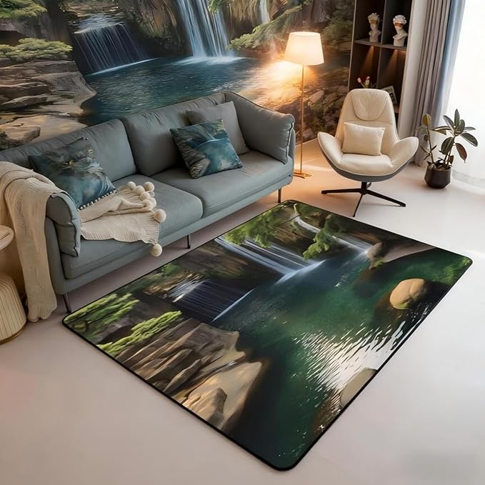Waterfall 3 x 5 Area Rug Lake Cascade Scenery Rugs for Living Room | Chic Nature Art Mountain Rock Washable Rug, Sault Landscape Carpet Indoor Floor Mat