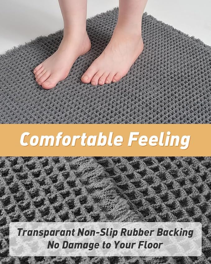 Upgraded Waffle Runner Rug Super Absorbent Non Slip Bath Mats for Bathroom Floor Machine Washable Bathroom Runner Rug with Tassels, Ideal for Hallway Bedroom Laundry Room, Dark Grey, 2'x 6'(24" x 72")