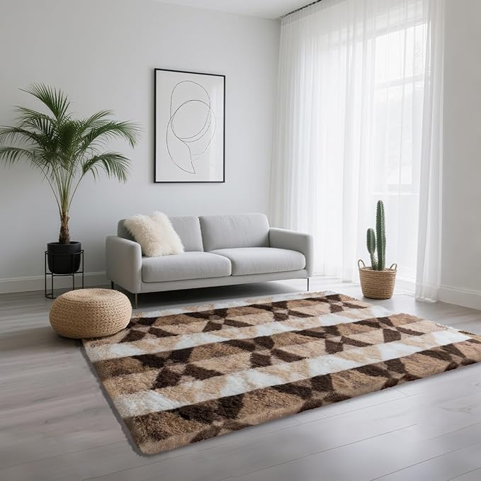 4x6 Area Rugs for Living Room Bedroom, Soft Fluffy Shaggy Bedside Rug, Indoor Floor Carpet for Kids Playroom, Dorms, Nursery Rooms, Home Decor (Coffee Ombre 4'x6')