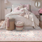 Wonnitar Floral 5x7 Washable Nursery Rug, Pink Rugs for Bedroom Girls, Boho Ultra-Thin Soft Non Slip Floor Carpet for Dorm Living Room Playroom Home Decor, Pastel Pink