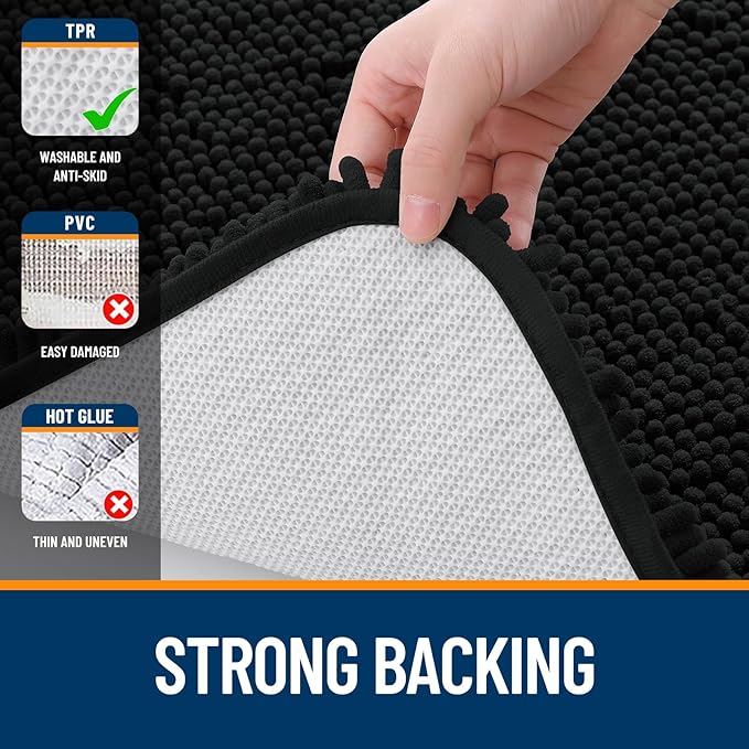 OLANLY Bathroom Rugs 70x24, Extra Soft Absorbent Chenille Bath Rugs, Rubber Backing Quick Dry, Machine Washable Bath Mats for Bathroom Floor, Tub and Shower, Home Decor Accessories, Black