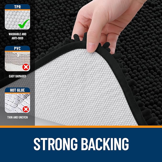 OLANLY Bathroom Rugs 40x24, Extra Soft Absorbent Chenille Bath Rugs, Rubber Backing Quick Dry, Machine Washable Bath Mats for Bathroom Floor, Tub and Shower, Home Decor Accessories, Black