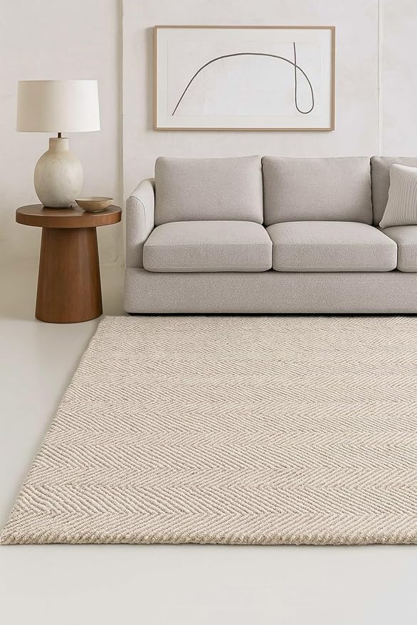 Modern Herringbone Chevron Collection Handcrafted Wool Area Rug - Durable, Zigzag Pattern, for High Traffic, Contemporary Design for Living Room, Bedroom, Dining Room Decor (Sand Beige, 5' round)