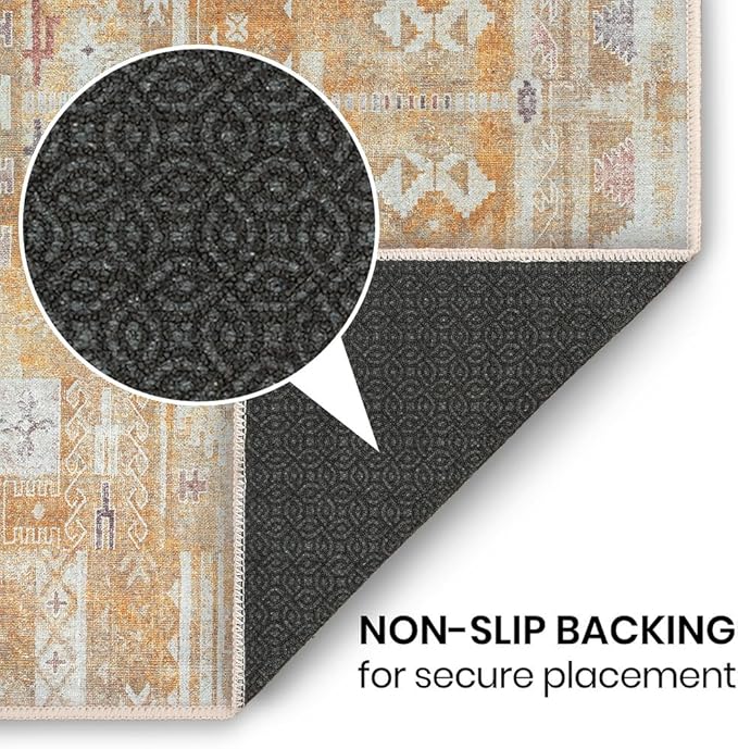 GLN Rugs Traditional Collection - Machine Washable Area Rug, Traditional Washable, Non Slip, Low Pile Chenille Rug, Living Room, Bedroom, Kitchen Rug (6' x 9' Sand/Light Gray)