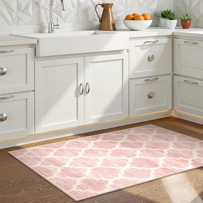 Lahome Moroccan Pink Bathroom Rug - 2x4 Runnr Rug Washable Kids Nursery Rugs Small Soft Girl Dorm Non-Slip Modern Throw Carpet Runner for Entryway Bedroom