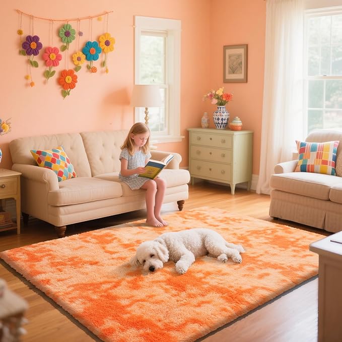 Mottling Orange Fluffy Rug Shaggy Area Rug, 4x6 Area Rugs for Girls Bedroom, Soft Cute Baby Play Mat, Indoor Floor Carpet for Teen, Nursery, Preppy Dorm, Plush Aesthetic Bedside Rug