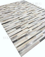 Cowhide Leather Rug for Living Room 8x10, Modern Stripes Style Floor Carpet, Dark Grey Area Rug for Home Decor