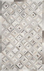 Premium Diamond Pattern Leather Area Rug, Geometric Cowhide Patchwork Carpet - 9X12 ft, Luxury Beige and Grey Non-Slip Floor Accent for Dining Room, Living Room, Hallway