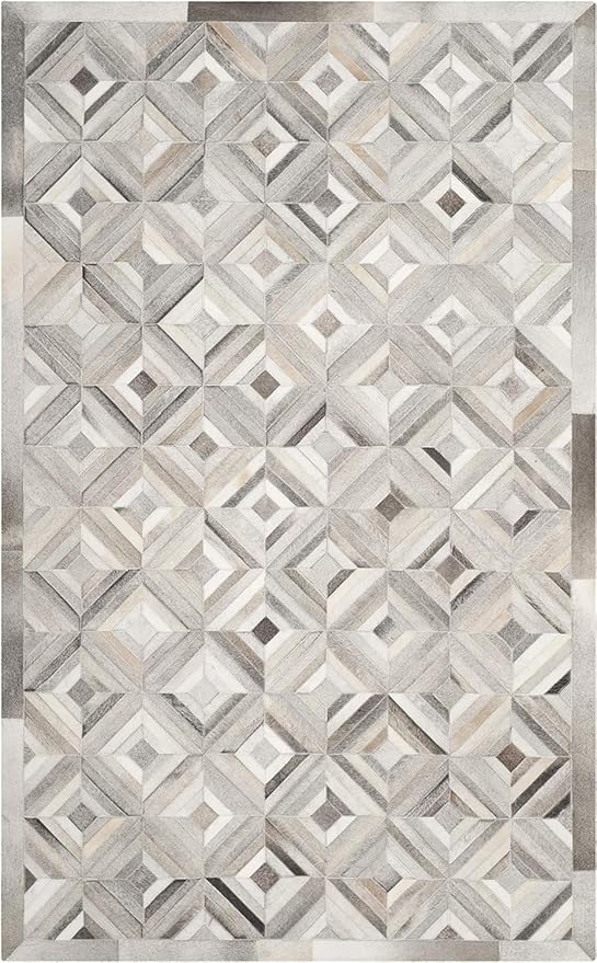 Premium Diamond Pattern Leather Area Rug, Geometric Cowhide Patchwork Carpet - 4X6 ft, Luxury Beige and Grey Non-Slip Floor Accent for Dining Room, Living Room, Hallway