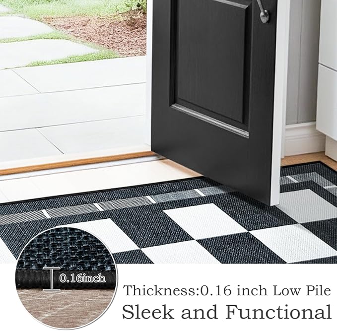 Vasofe Checkered Jute 6x9 Area Rugs, Washable Outdoor Patio Rug for Living Room Entrance Indoor Carpet, Non Slip Farmhouse Neutral Geometric Rugs for Bedroom Dining Room Backyard, Black and White
