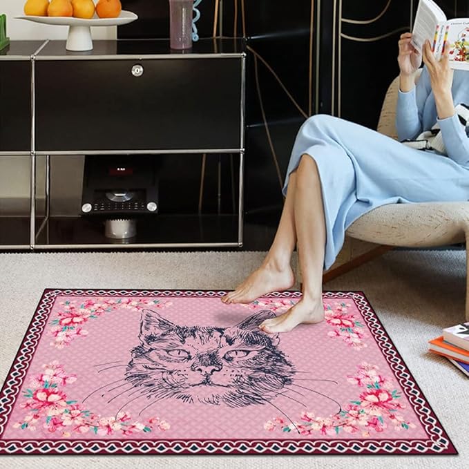 Cartoon Animal Pattern Area Rug Cute Cat Luxury Floral Decor for Carpet Farmhouse Bedroom Living Room Rugs Bathroom Kitchen Runner Mat Indoor Outdoor Non Slip Doormat 3' X 6'