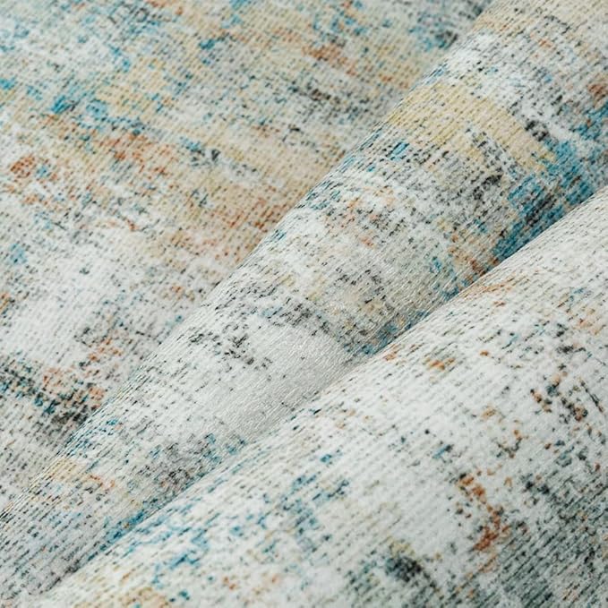 6x9 Washable Area Rug Teal Beige Abstract Living Room Bedroom Carpet Neutral Modern Non-Slip Soft Low Pile Lightweight Vacuumable Throw Rug for Dining Room Kitchen