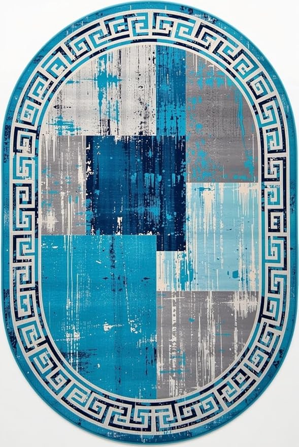 Distressed Blue Grey Greek Key Pattern Indoor Area Rug 5x7 for Living Room Bedroom Dining Room Faux Wool Anti Slip Floor Mats Nursery Entryway Minimalist Geometric Texture Bordered Rugs Retro Carpet