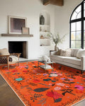 Area Rug 9x12, Washable Large Rugs for Living Room, Non Slip 0.27" Low Pile Vintage Floral Large Carpet for Bedroom, Dining Room, Kids Playroom (Orange)