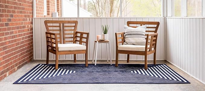 Unique Loom Sabrina Soto Outdoor Collection Geometric, Modern, Vibrant, Carved Area Rug (8' 0 x 10' 0 Rectangular, Navy Blue/ Ivory)