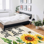 Summer Sunflowers Rectangular Area Rugs for Living Room Bedroom 3 x 5 ft Rustic Floral Bees Green Leaves Non-Shedding Soft Low Pile Rug Non Slip Washable Rug for Nursery Entryway Playroom