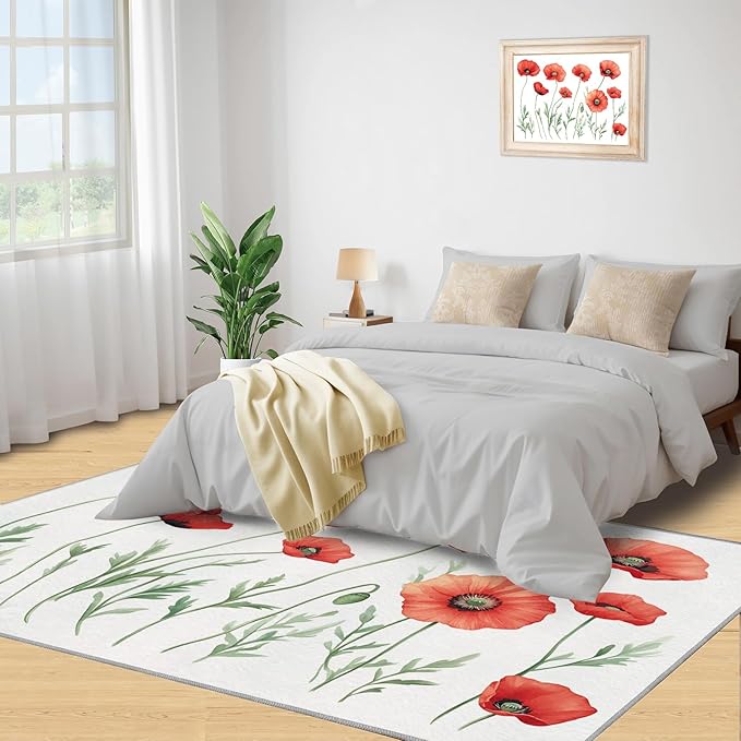 Little Red Flower Rugs for Bedroom - 6x8 Area Rug - Abstract 3D Flowers Rugs for Living Room, Modern Simple Art Rug, Non-Slip Washable Home Decor Carpet