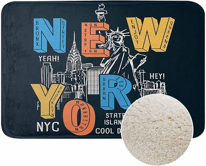 New York City Bath Mats for Bathroom New York Theme on Black Background Floor Bath Rugs Machine Washable Bathmat Carpet Rug Room Decor for Shower Floor 16 X 24 inch Mat