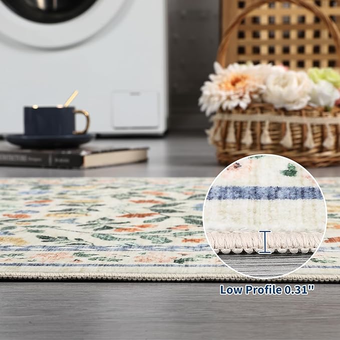 Floral Washable Rug 4x6, Non-Slip Low Pile Botanical Carpet, Vintage Farmhouse Area Rug for Bedroom Nursery Kids Room Home Decor, Green