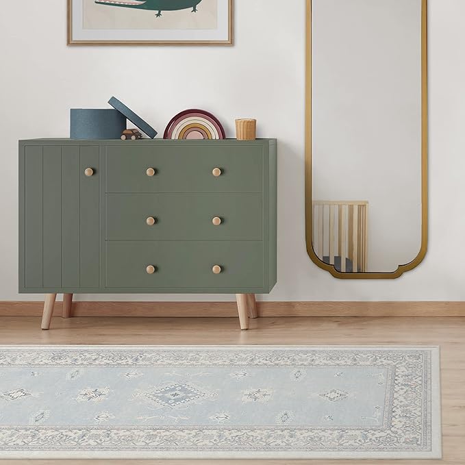 RUGGABLE Washable Vintage Runner Rug – Verena Soft Blue 2.5x12, Stain-Resistant, Non-Slip Hallway Runner – Machine Washable Rug for Hallway, Entryway, Living Room & Kitchen–with Standard Pad