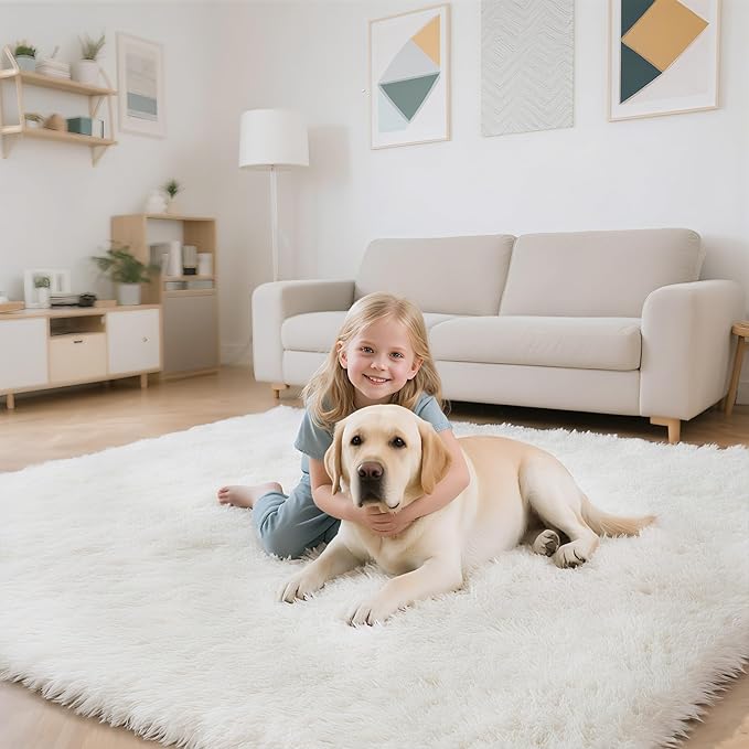Fluffy Rug Shaggy Area Rug, White 3x5 Area Rugs for Bedroom, Small Bedside Rug, Soft Fluffy Shaggy Entryway Throw Rugs for Living Room Bedroom Kids Room Home Decor