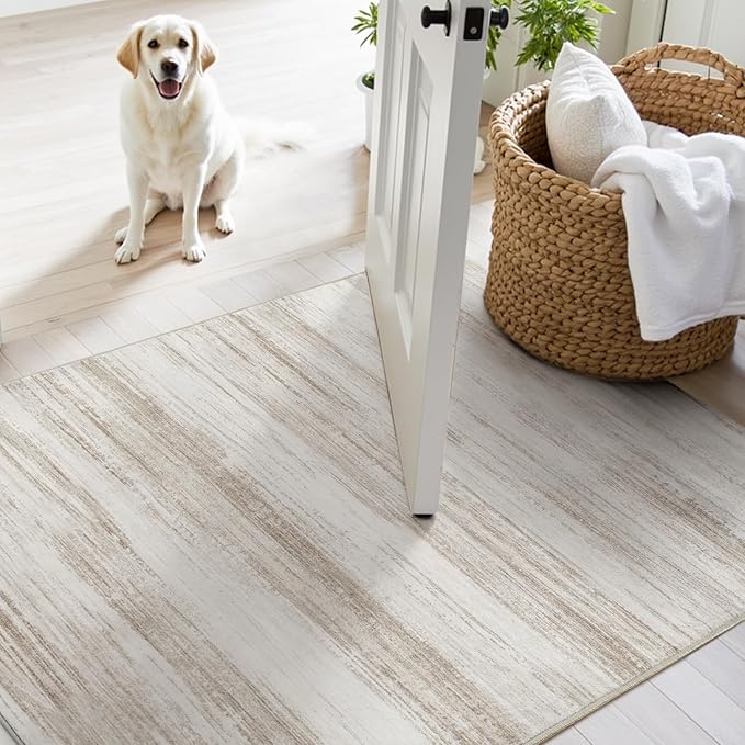PADOOR Modern Abstract Runner Rug - 2x10 Washable Hallway Rugs, Ultra Soft Non-Slip Low Pile Floor Rugs for Hallway Entryway Kitchen Bedroom Bedside Laundry Room Brown